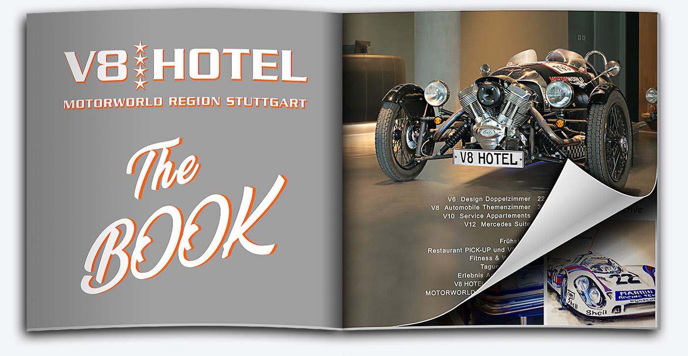 Broschüre des V8 Hotel Motorworld Region Stuttgart.