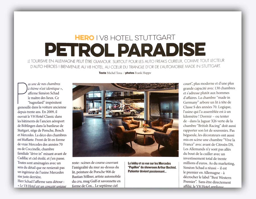 Beitrag über das V8 Hotel Petrol Paradise in franzsösischer Zeitschrift HERO.