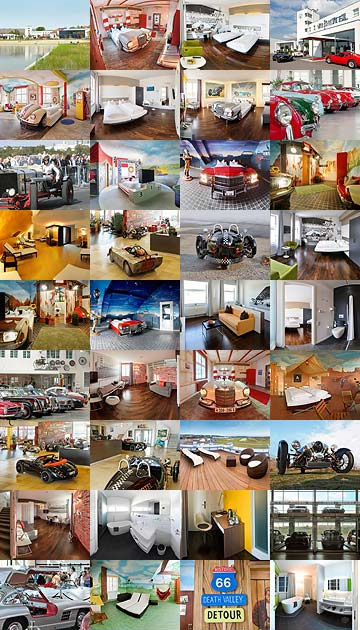 Fotocollage der Highlights des V8 Motorworld Hotels Stuttgart.