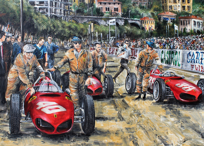 Das Bild zeigt ein nostalgisches Rennszenario mit roten Ferrari-Rennwagen. Mehrere Mechaniker in Overalls bereiten die Fahrzeuge auf der Rennstrecke vor, während Zuschauer im Hintergrund gespannt zuschauen. Die Atmosphäre vermittelt Aufregung und Zusammenhalt im Motorsportrennsport.