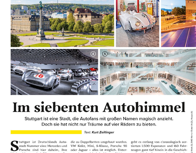 Im Bild sind verschiedene Aspekte von Stuttgart zu sehen, einschließlich einer Stadtansicht mit historischen Gebäuden, klassischen Autos in einer Ausstellung, und modernen Innenräumen einer Bibliothek. Der Text beschreibt Stuttgart als eine Stadt, die Autoliebhaber anzieht.