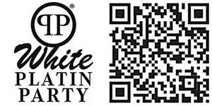 Das Bild zeigt das Logo der "White Platin Party" links und einen QR-Code rechts. Der QR-Code kann verwendet werden, um Informationen zur Veranstaltung zu scannen oder zuzugreifen.