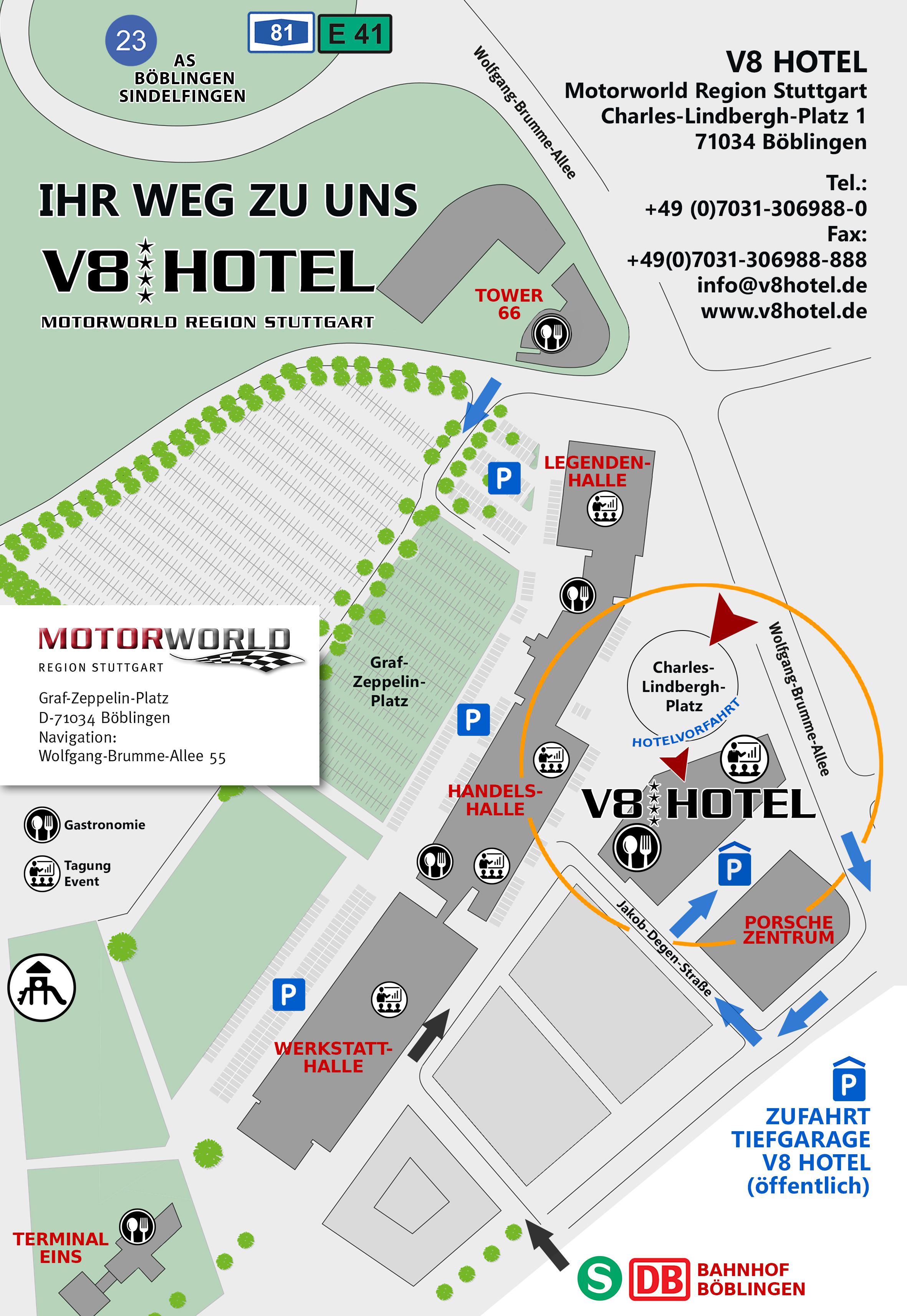 Anfahrtskarte zum V8 Hotel in Stuttgart mit wichtigen Punkten wie Parkplätzen und dem Porsche Zentrum.