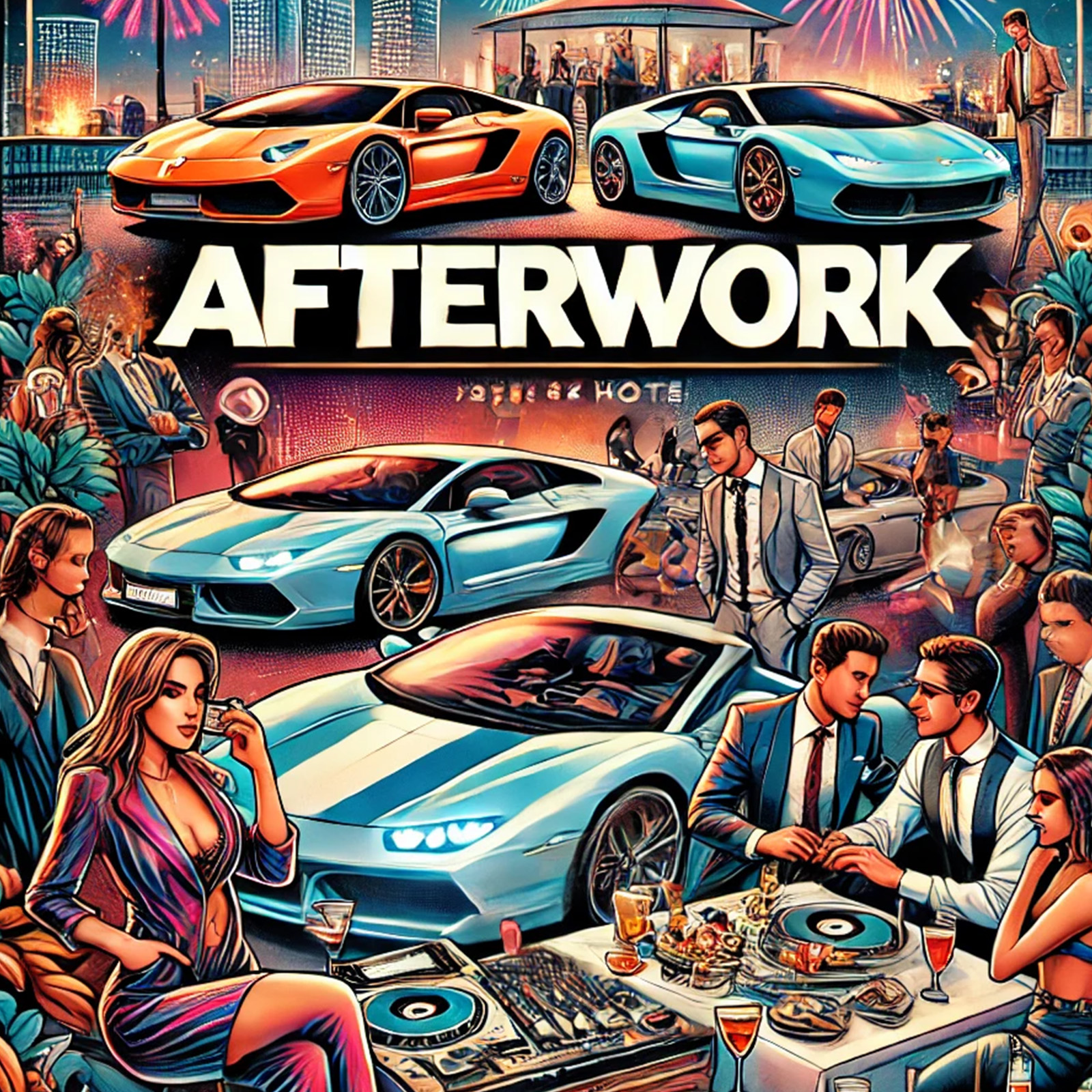 Eine stilisierte Darstellung einer glamourösen Afterwork-Party mit mehreren luxuriösen Autos. Menschen in eleganter Kleidung genießen das Ambiente, während Getränke und Speisen auf einem Tisch stehen. Im Hintergrund sind eine moderne Skyline und Feuerwerke zu sehen, die eine festliche Stimmung erzeugen.
