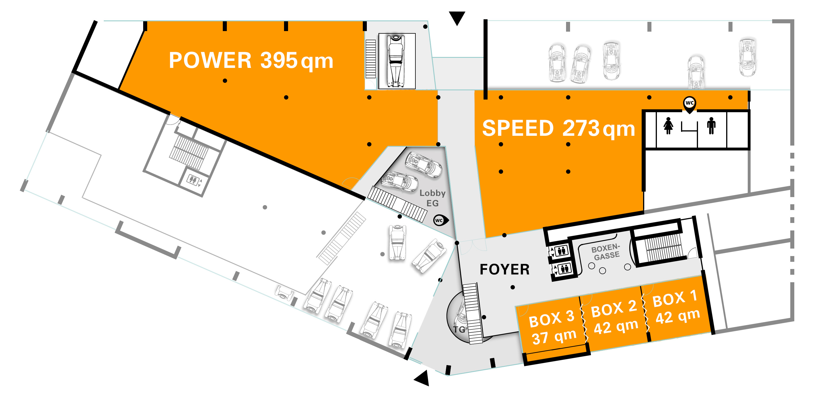Der Grundriss zeigt einen Raum mit zwei großen Bereichen: POWER (395 qm) und SPEED (273 qm), die in Orange hervorgehoben sind. Es gibt auch mehrere kleinere Boxen (BOX 1 bis BOX 3) mit unterschiedlichen Flächen, sowie Bereiche für Lobby und WC.